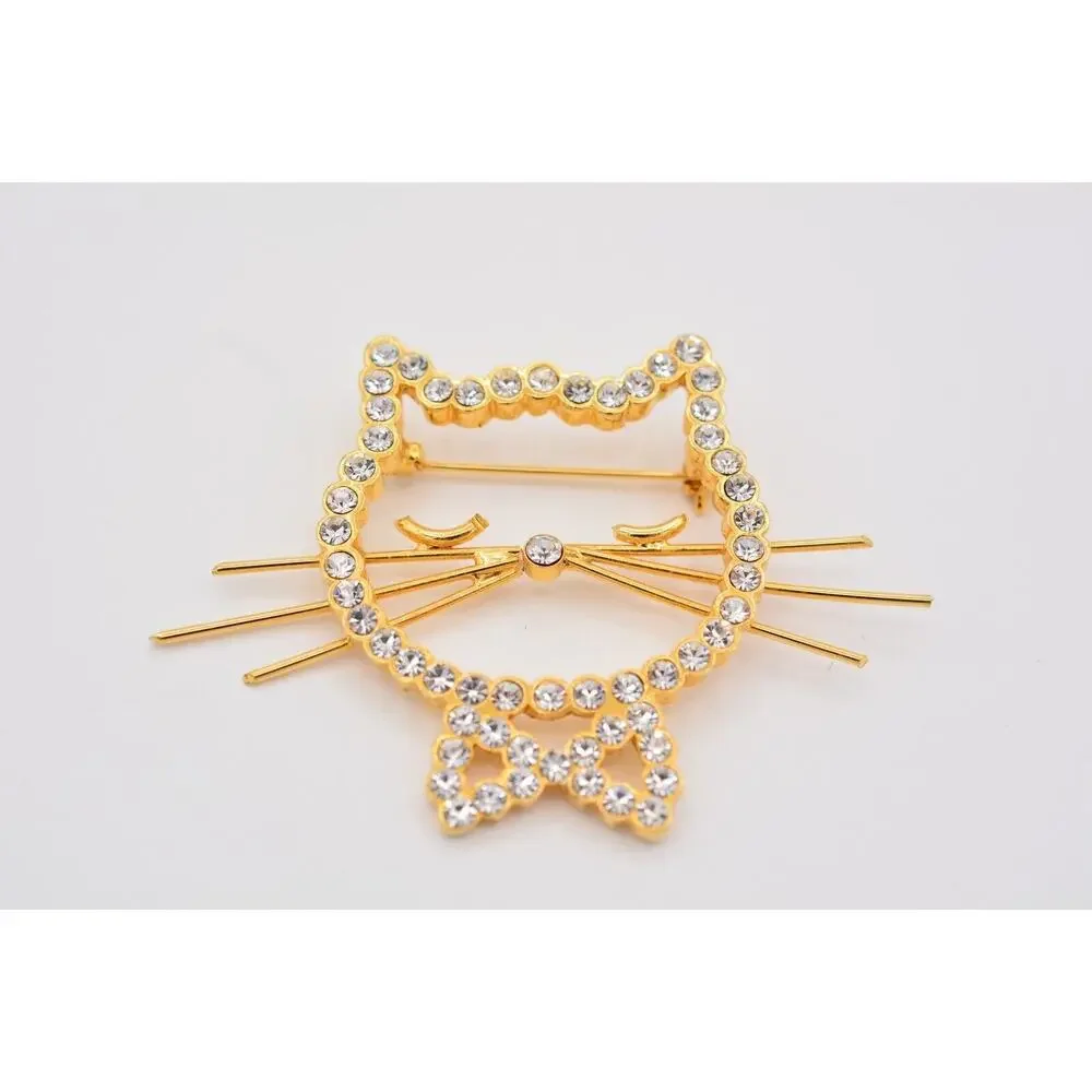 Vintage Cat Pin Brooch Sparkling Rhinestone Crystal Gold Tone Heavy 1990s BinAT